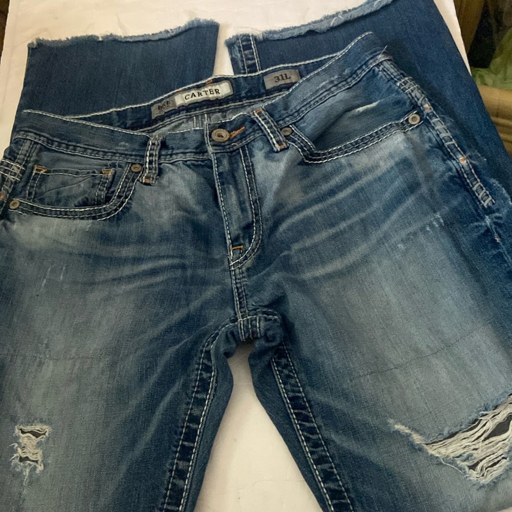 BKE Carter distress boot cut raw hem jeans
